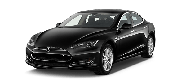 A black Tesla Model S electric sedan on a plain background available for transportation to Disney parks.